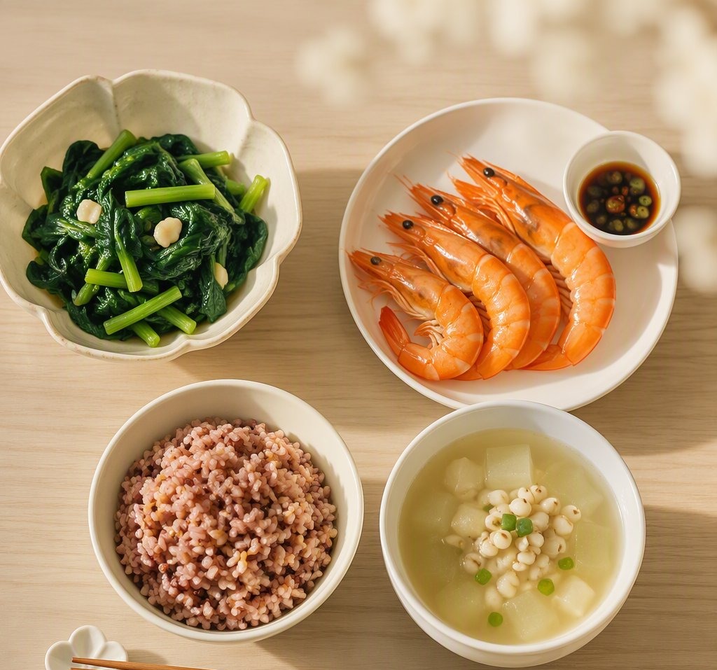控糖晚餐示例：杂粮饭、白灼虾、清炒时蔬、冬瓜薏米汤